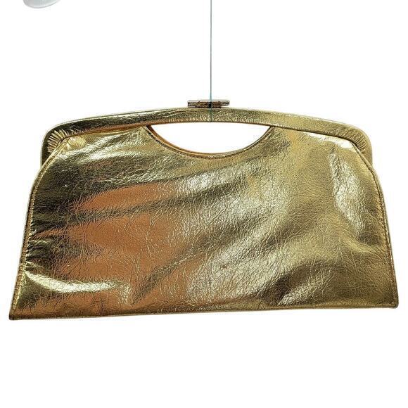 Vintage 60s Glam Gold Metallic Rectangle Evening Clutch Handbag Purse - Picture 1 of 11